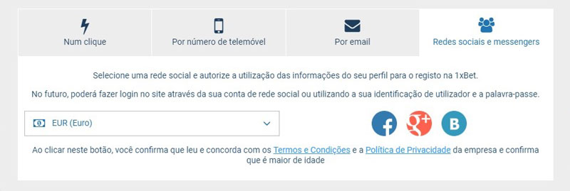 1xbet registro para redes sociis e messengers